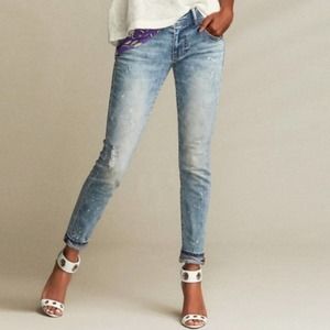 Cabi Cinch Skinny Light Wash Bleach-splattered Lightly Distressed Jeans Womens 4